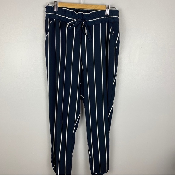 Zara TRF Striped Straight Leg Crop Trousers Drawstring Waist Medium Navy - Picture 3 of 12